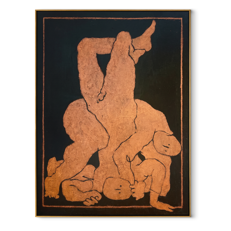 Terra Bodies in Night – Abstract Figurative Embrace Painting | Mid-Century Modern Vertical Wall Art