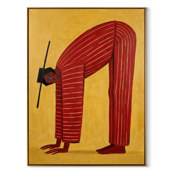 Red Arch through Gold – Bending Red Stripe Figure Painting | Mid-Century Modern Vertical Wall Art