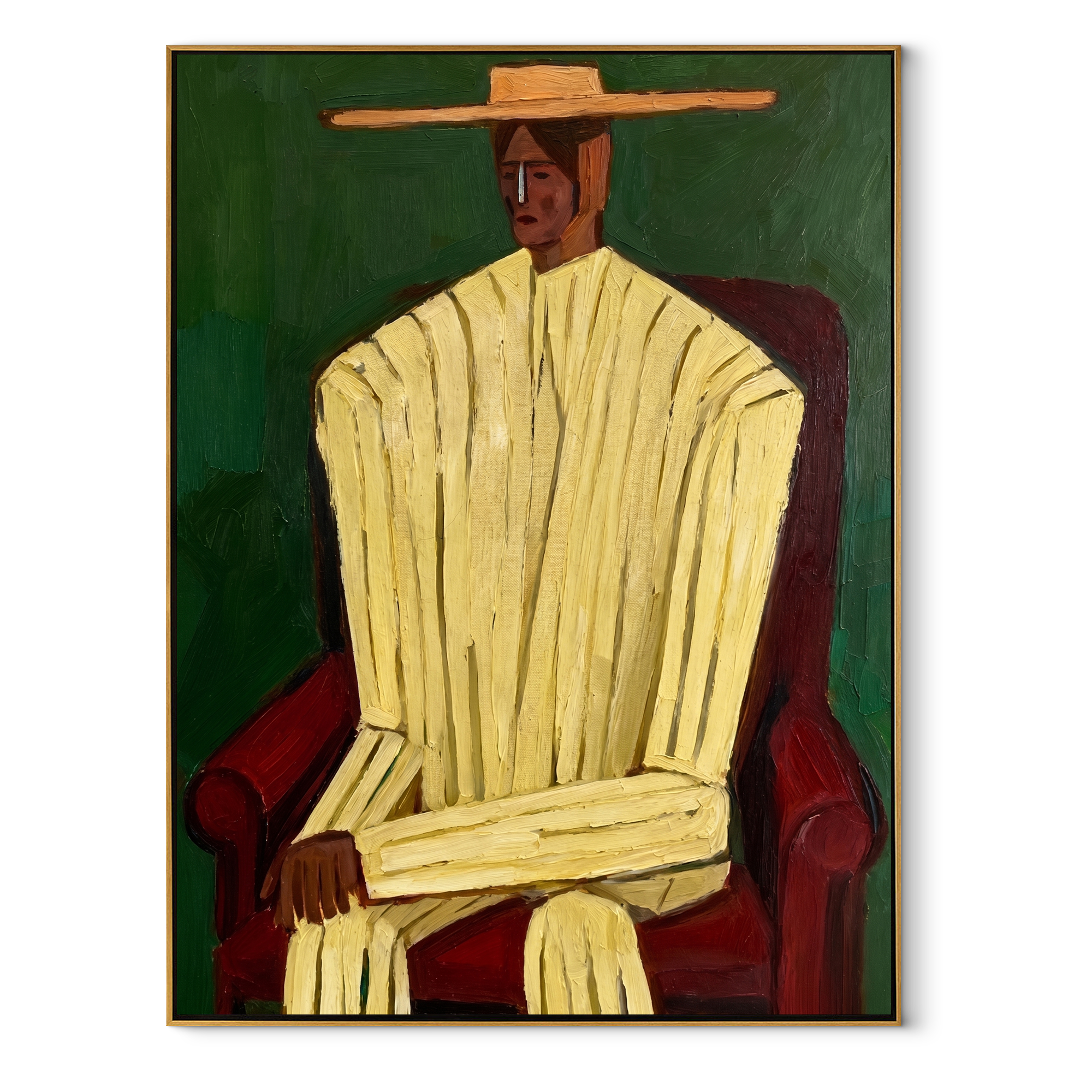 Ivory Robe Takes Chair abstract figurative textured painting, vertical canvas artwork