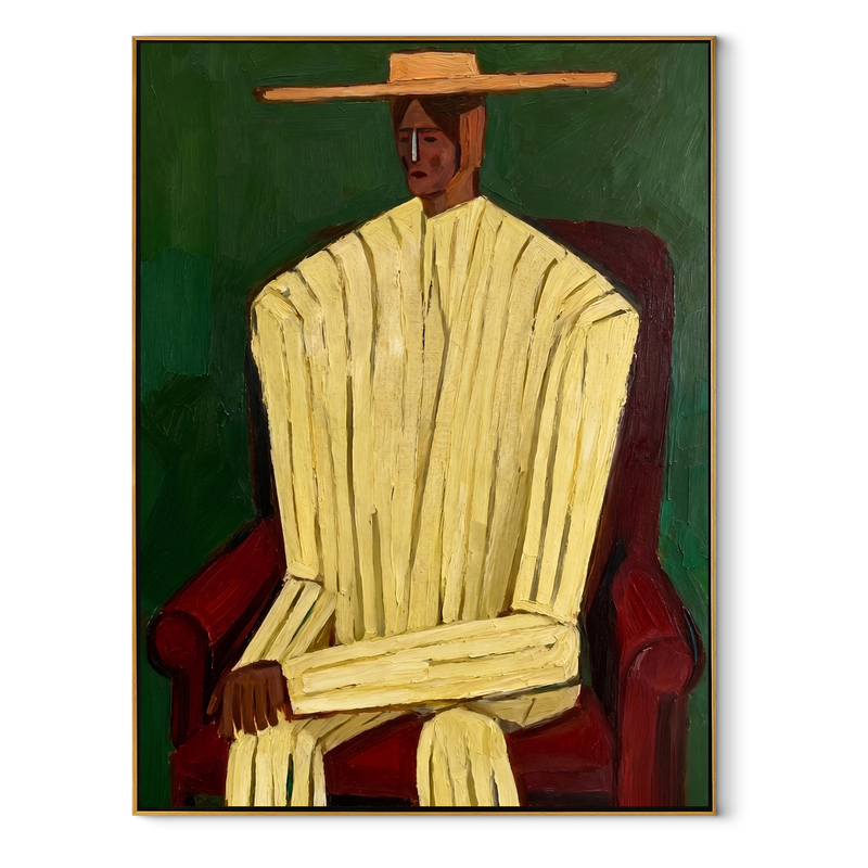 Ivory Robe Takes Chair – Seated Ivory Robe Figure Painting | Mid-Century Modern Vertical Wall Art