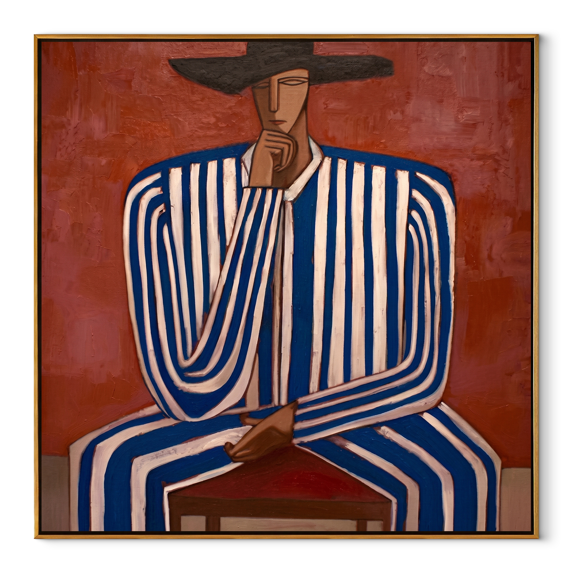 Cobalt Lines Take Chair abstract figurative textured painting, square canvas artwork