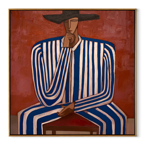 Cobalt Lines Take Chair – Blue Stripe Seated Figure Painting | Mid-Century Modern Square Wall Art