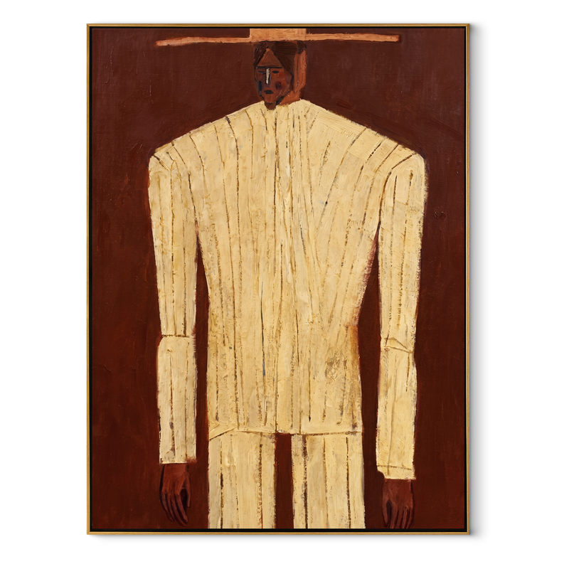 Ivory Column from Brown – Tall Ivory Suit Figure Painting | Mid-Century Modern Vertical Wall Art