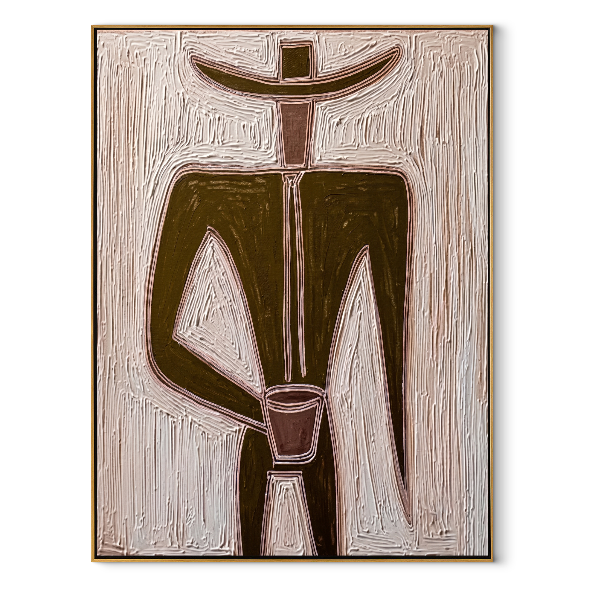 Olive Geometry Holds Cup abstract figurative textured painting, vertical canvas artwork