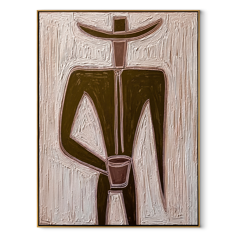 Olive Geometry Holds Cup – Geometric Olive Hat Figure Painting | Mid-Century Modern Vertical Wall Art