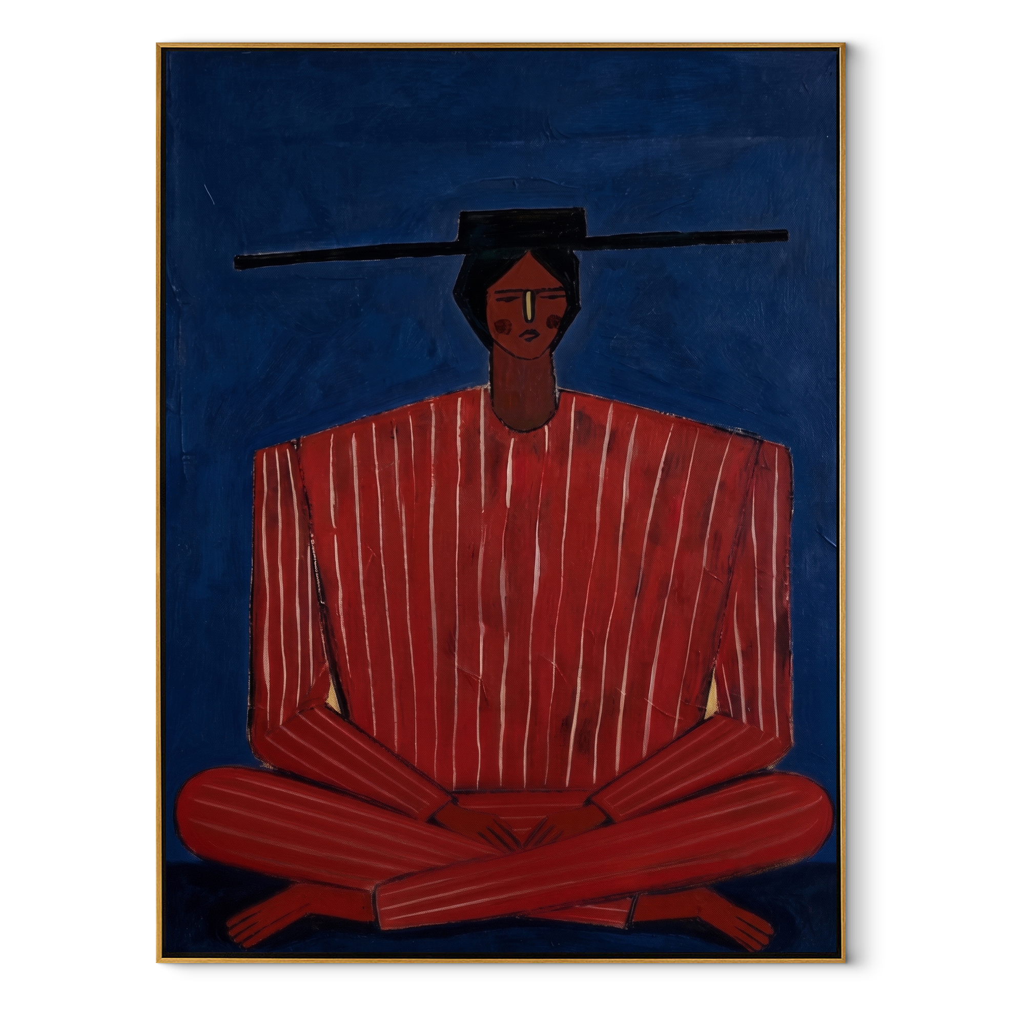Scarlet Stripes on Cobalt abstract figurative textured painting, vertical canvas artwork