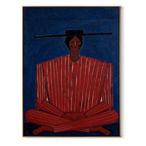 Scarlet Stripes on Cobalt – Seated Red Stripe Figure Painting | Mid-Century Modern Vertical Wall Art