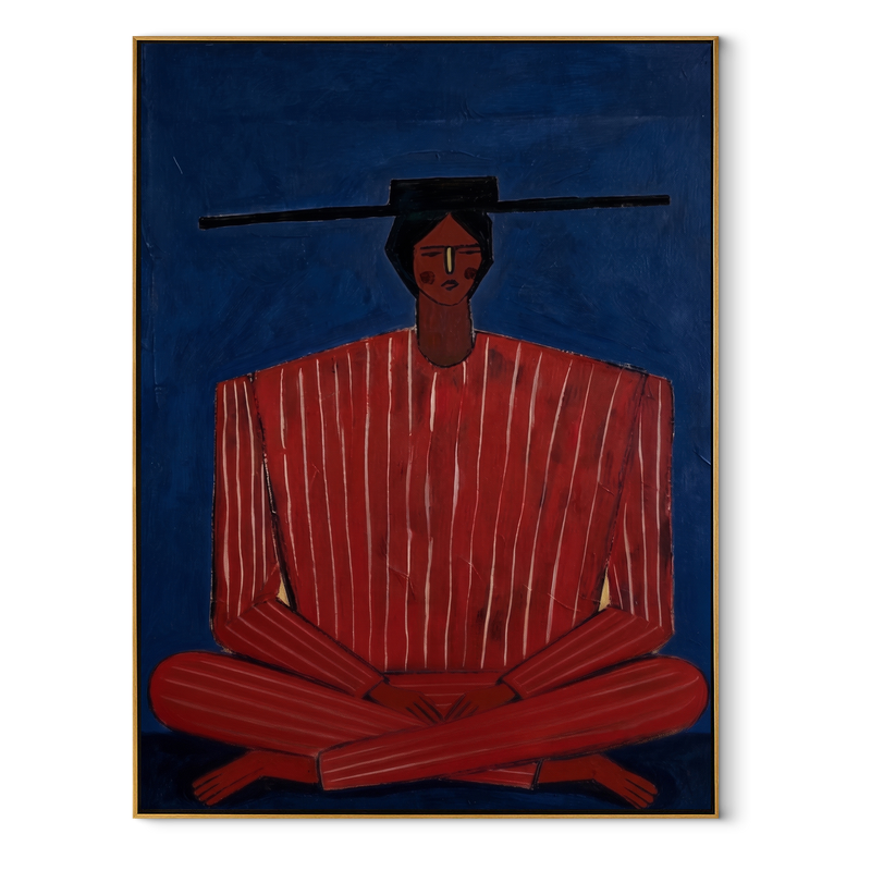 Scarlet Stripes on Cobalt – Seated Red Stripe Figure Painting | Mid-Century Modern Vertical Wall Art