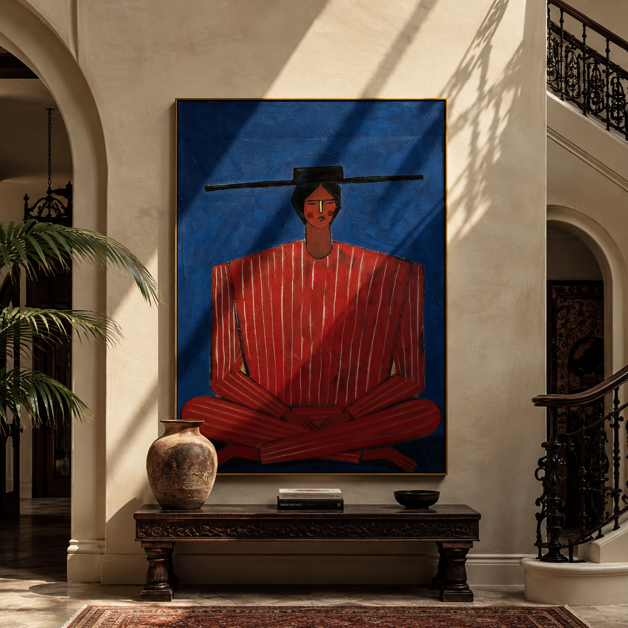 Scarlet Stripes on Cobalt styled with neutral modern furnishings
