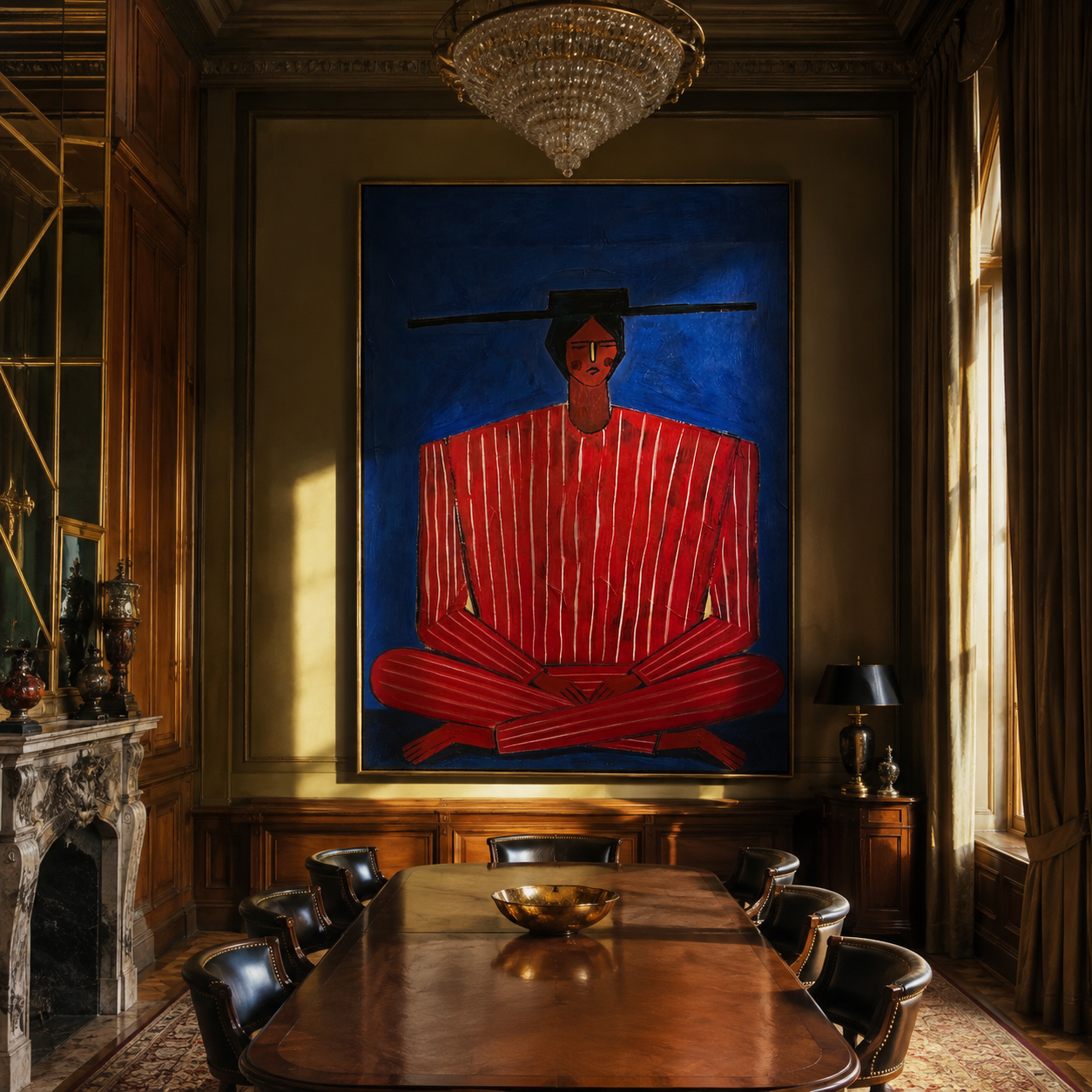 Scarlet Stripes on Cobalt displayed as a modern room focal point