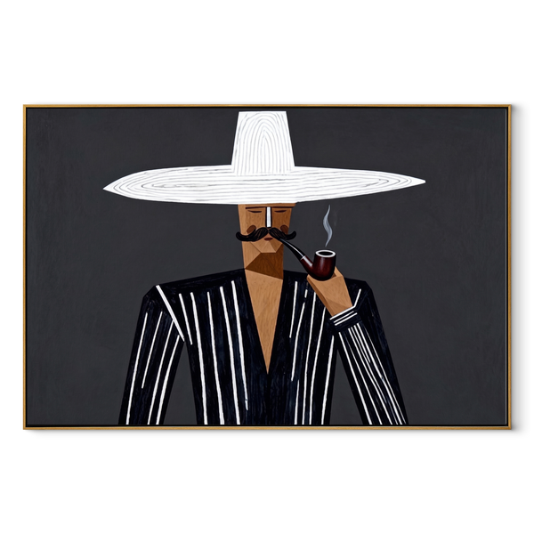 White Brim Smokes Midnight – Pipe Smoking Stripe Figure Painting | Mid-Century Modern Horizontal Wall Art