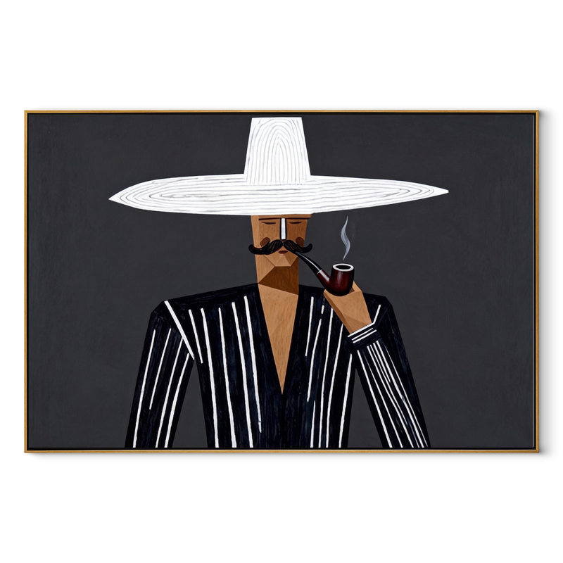 White Brim Smokes Midnight – Pipe Smoking Stripe Figure Painting | Mid-Century Modern Horizontal Wall Art