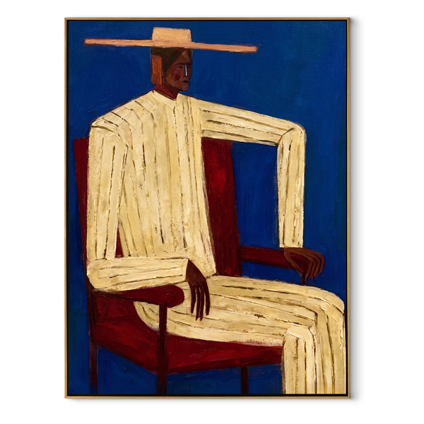 Ivory Angles in Cobalt – Seated Ivory Suit Figure Painting | Mid-Century Modern Vertical Wall Art