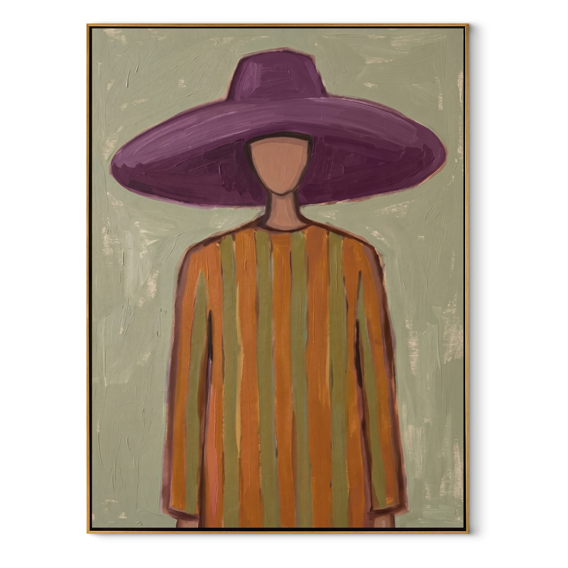 Violet Brim over Sage – Purple Hat Stripe Portrait Painting | Mid-Century Modern Vertical Wall Art
