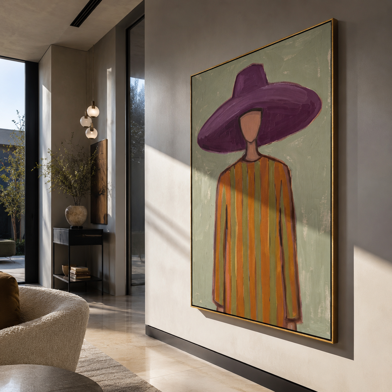Violet Brim over Sage styled with neutral modern furnishings
