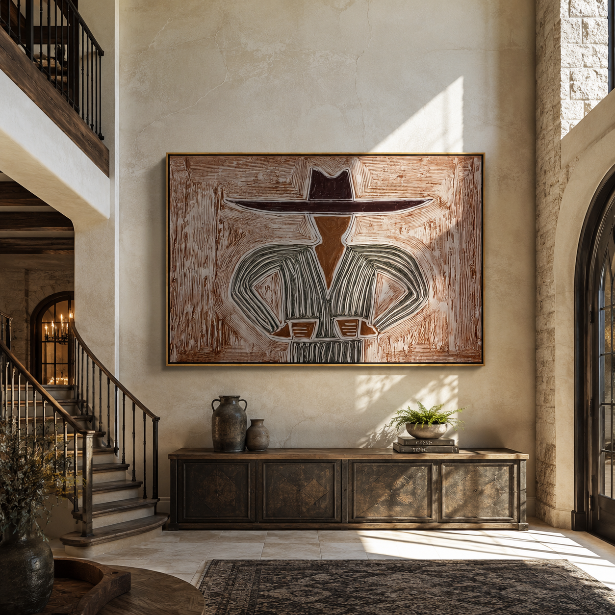 Gray Lines Meet Brim displayed in a warm contemporary interior
