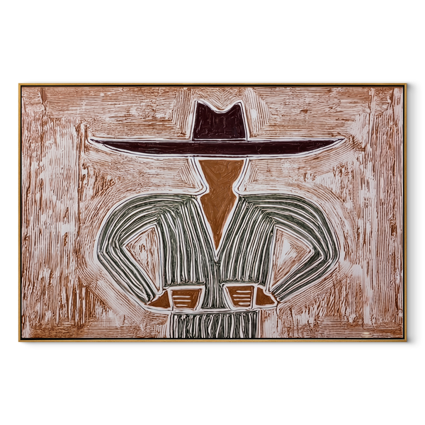 Gray Lines Meet Brim – Gray Stripe Hat Figure Painting | Mid-Century Modern Horizontal Wall Art