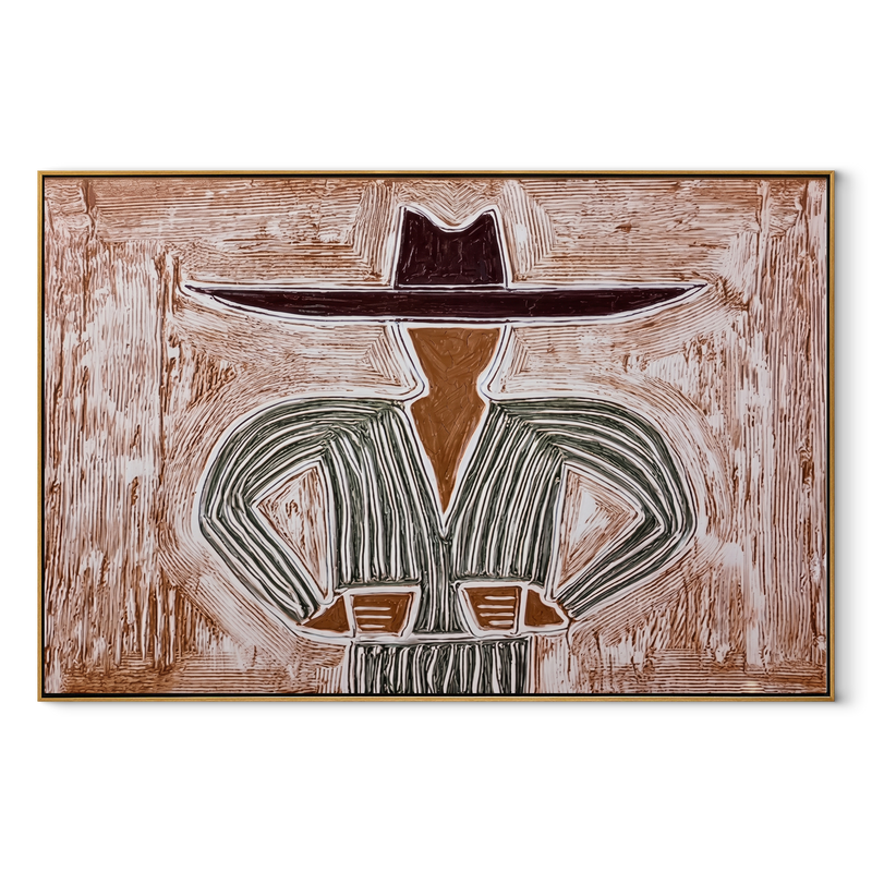 Gray Lines Meet Brim – Gray Stripe Hat Figure Painting | Mid-Century Modern Horizontal Wall Art