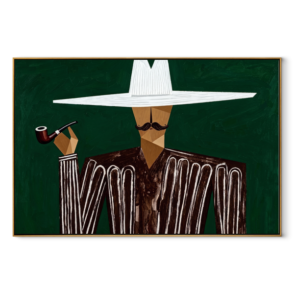 White Horizon Raises Pipe – Pipe Smoking White Hat Figure Painting | Mid-Century Modern Horizontal Wall Art