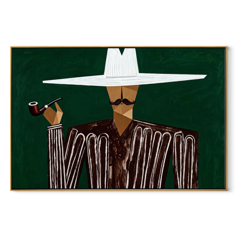 White Horizon Raises Pipe – Pipe Smoking White Hat Figure Painting | Mid-Century Modern Horizontal Wall Art