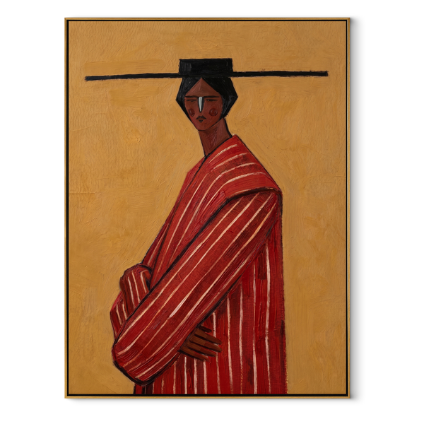 Scarlet Robe toward Gold – Red Stripe Profile Figure Painting | Mid-Century Modern Vertical Wall Art