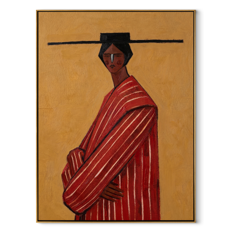 Scarlet Robe toward Gold – Red Stripe Profile Figure Painting | Mid-Century Modern Vertical Wall Art