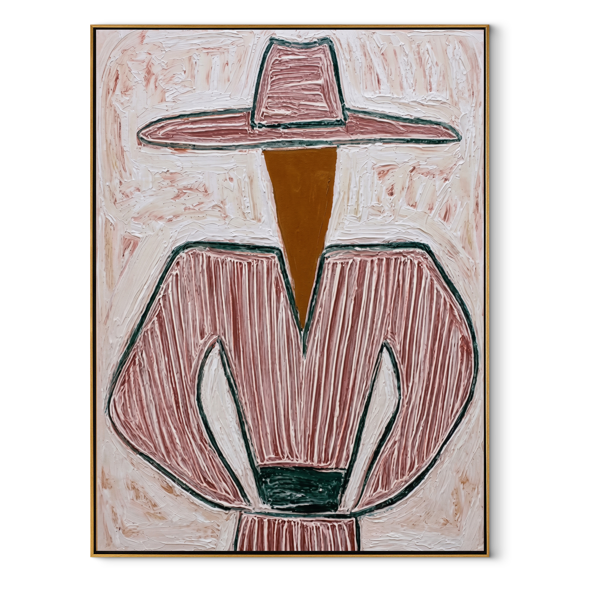 Pink Lines Guard Cup abstract figurative textured painting, vertical canvas artwork