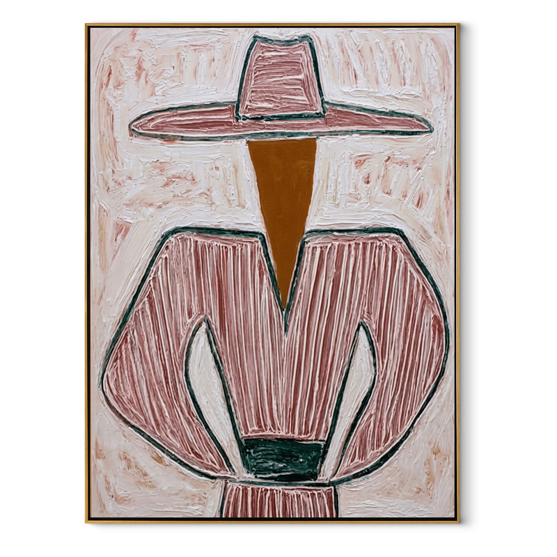 Pink Lines Guard Cup – Pink Stripe Hat Figure Painting | Mid-Century Modern Vertical Wall Art
