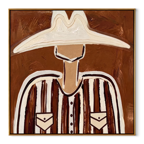 White Brim Crowns Stripes – Wide White Hat Portrait Painting | Mid-Century Modern Square Wall Art