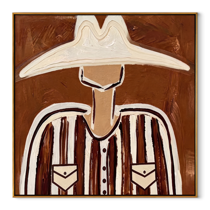 White Brim Crowns Stripes – Wide White Hat Portrait Painting | Mid-Century Modern Square Wall Art
