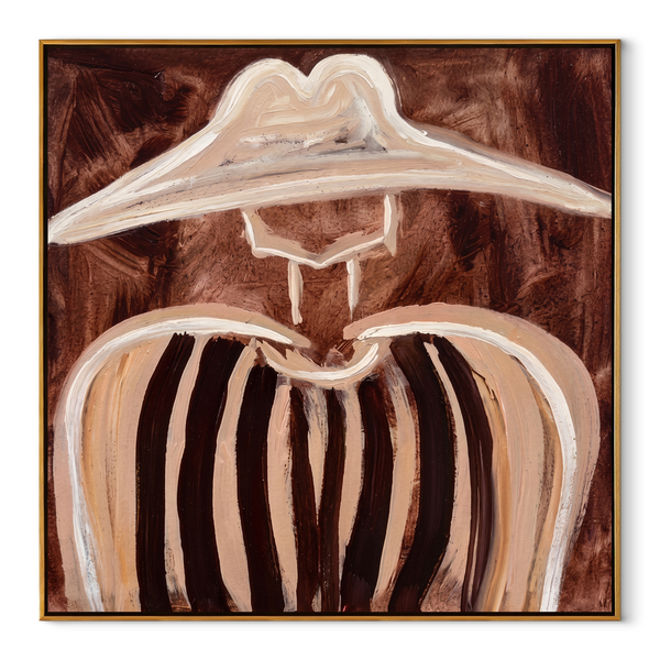 Pale Brim Softens Lines – Soft Brown Stripe Portrait Painting | Mid-Century Modern Square Wall Art