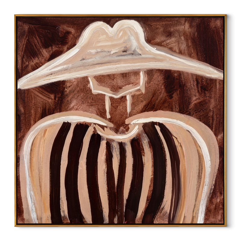 Pale Brim Softens Lines – Soft Brown Stripe Portrait Painting | Mid-Century Modern Square Wall Art