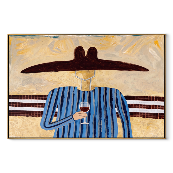 Blue Lines Lift Glass – Blue Stripe Wine Figure Painting | Mid-Century Modern Horizontal Wall Art