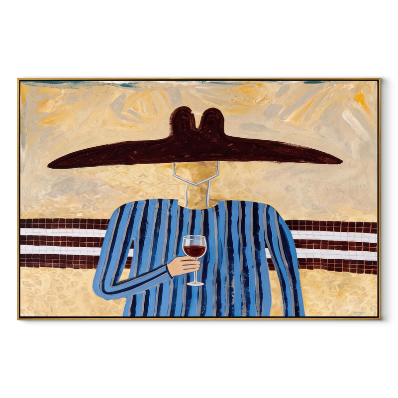 Blue Lines Lift Glass – Blue Stripe Wine Figure Painting | Mid-Century Modern Horizontal Wall Art