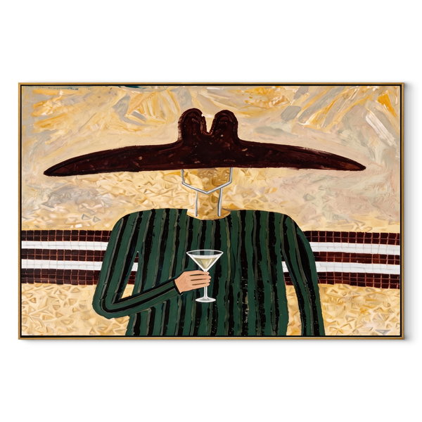 Green Lines Hold Glass – Green Stripe Wine Figure Painting | Mid-Century Modern Horizontal Wall Art