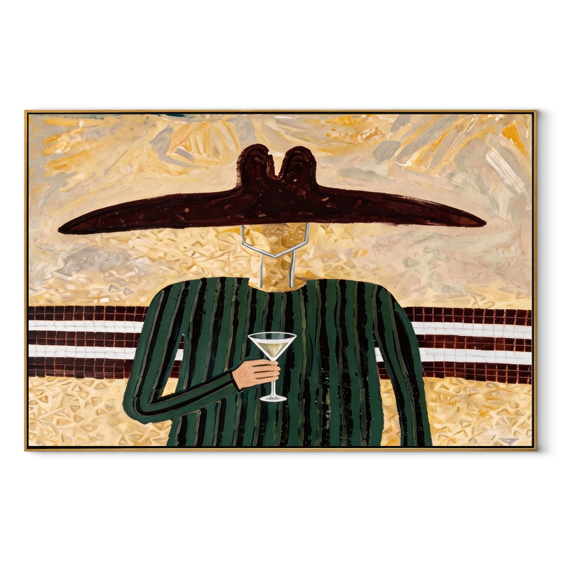 Green Lines Hold Glass – Green Stripe Wine Figure Painting | Mid-Century Modern Horizontal Wall Art