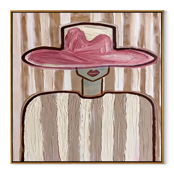 Rose Brim over Ivory – Pink Hat Ivory Figure Painting | Mid-Century Modern Square Wall Art