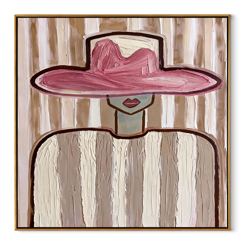 Rose Brim over Ivory – Pink Hat Ivory Figure Painting | Mid-Century Modern Square Wall Art