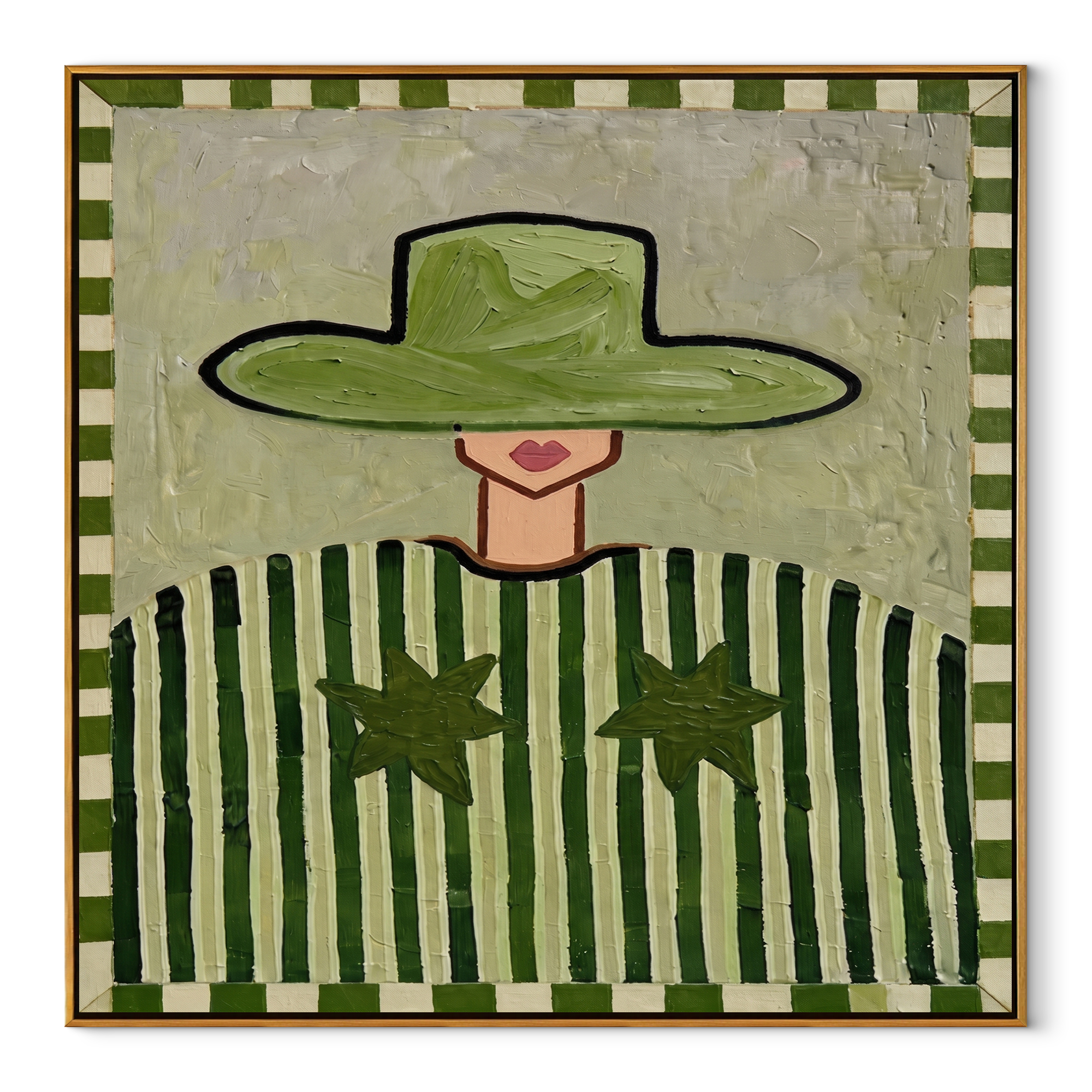 Green Brim Guards Stars abstract figurative textured painting, square canvas artwork