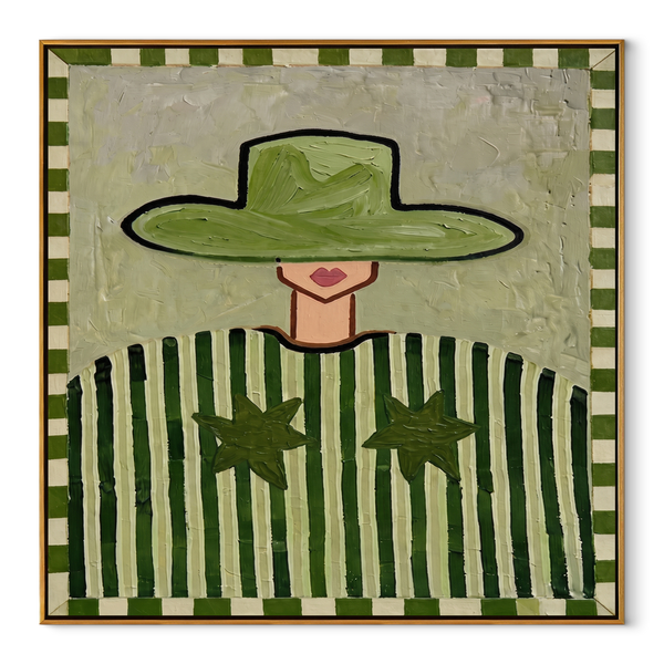 Green Brim Guards Stars – Green Stripe Star Figure Painting | Mid-Century Modern Square Wall Art