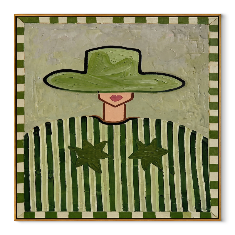 Green Brim Guards Stars – Green Stripe Star Figure Painting | Mid-Century Modern Square Wall Art