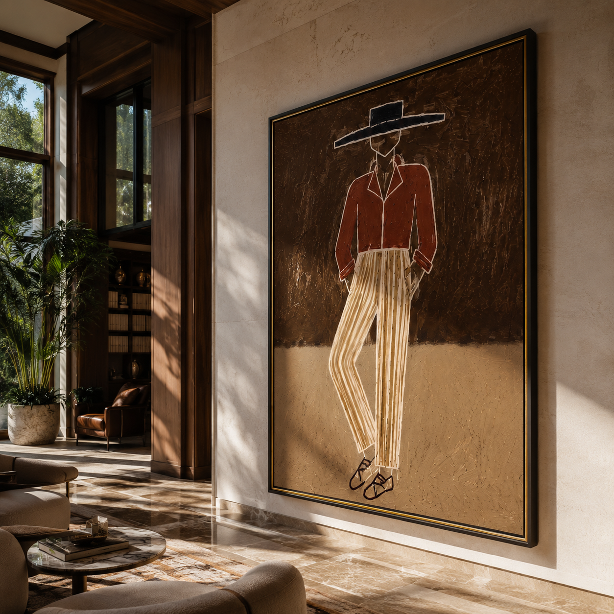 Rust Jacket Walks Earth displayed in a warm contemporary interior