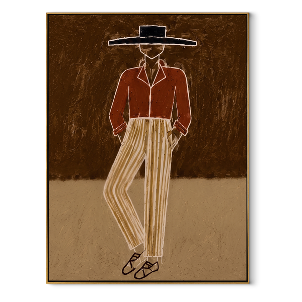Rust Jacket Walks Earth – Standing Rust Jacket Figure Painting | Mid-Century Modern Vertical Wall Art