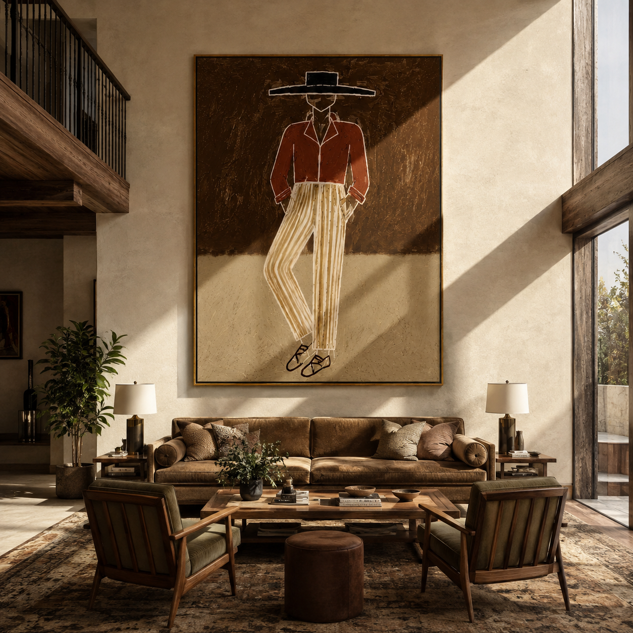 Rust Jacket Walks Earth styled with neutral modern furnishings