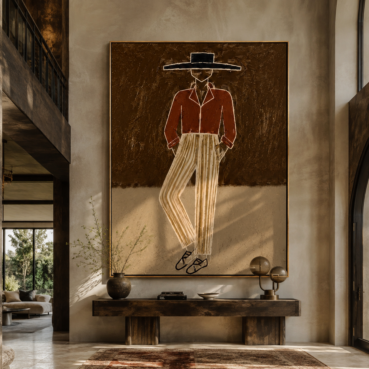 Rust Jacket Walks Earth presented above a contemporary console