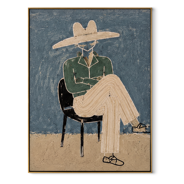 Green Jacket Crosses Chair – Seated Green Jacket Figure Painting | Mid-Century Modern Vertical Wall Art