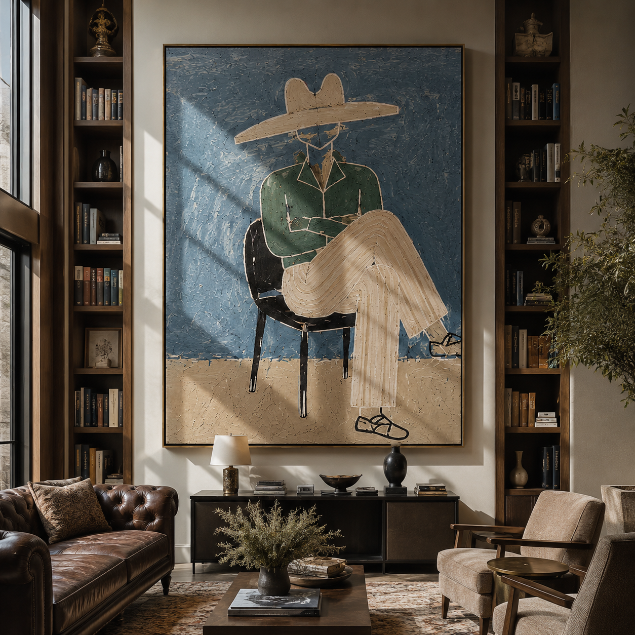 Green Jacket Crosses Chair presented above a contemporary console