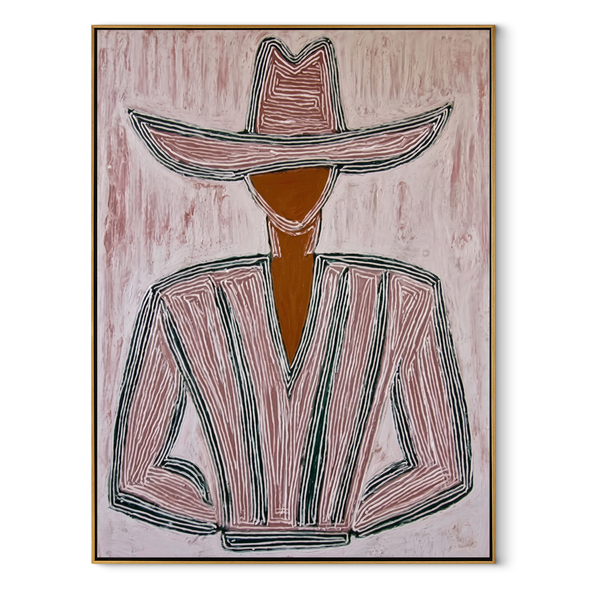 Pink Lines Shape Jacket – Pink Stripe Hat Figure Painting | Mid-Century Modern Vertical Wall Art