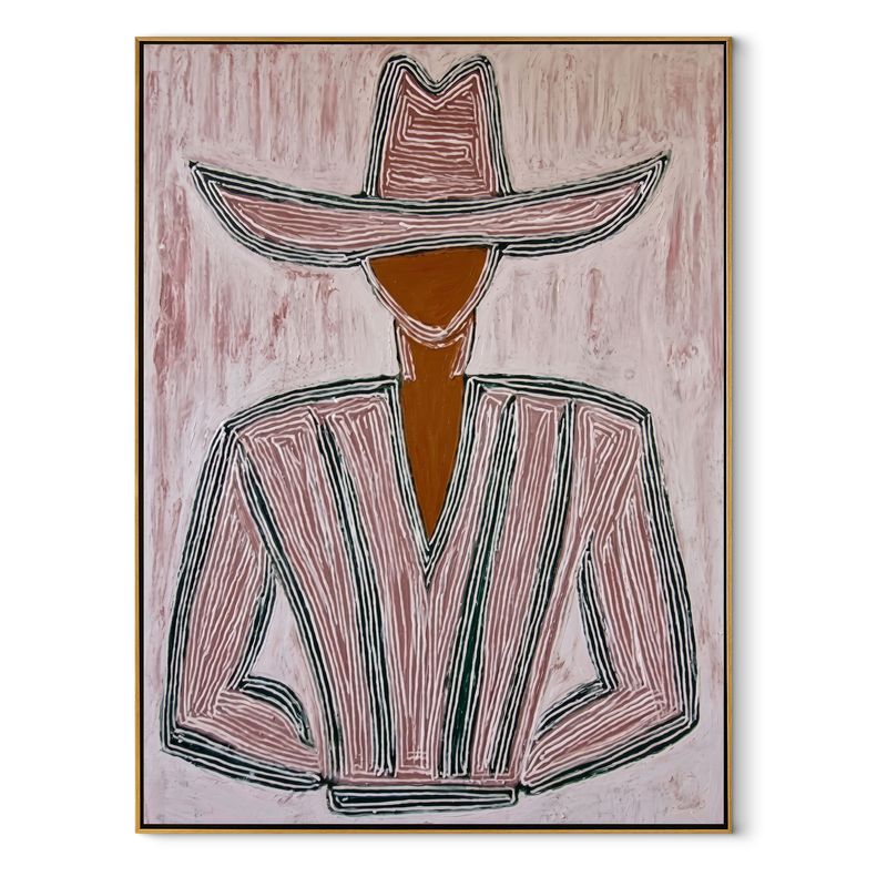 Pink Lines Shape Jacket – Pink Stripe Hat Figure Painting | Mid-Century Modern Vertical Wall Art