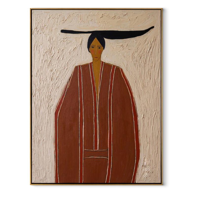 Rust Robe in White – Tall Rust Robe Figure Painting | Mid-Century Modern Vertical Wall Art